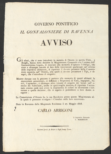 Ravenna, ASC, Commissione d’Ornato, Bando, 1818