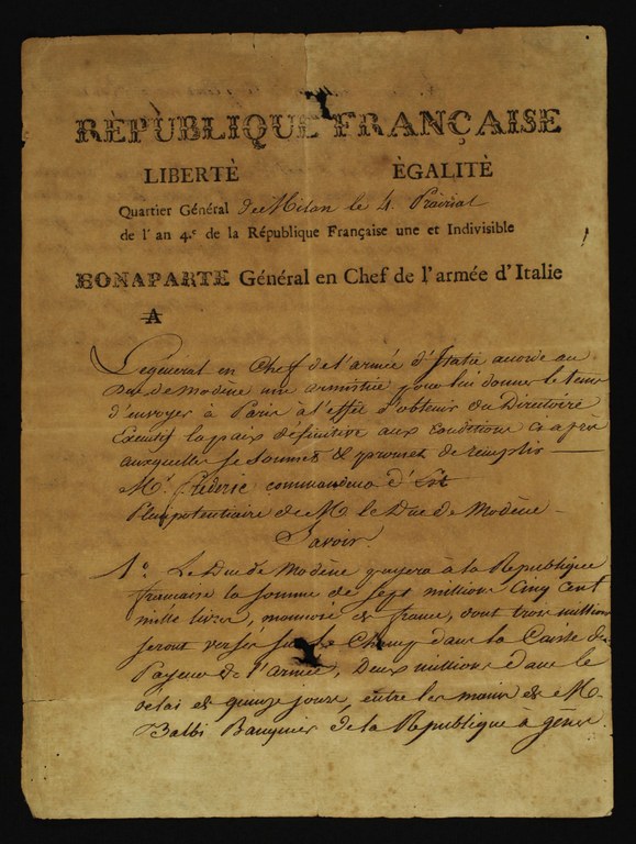 Armistizio sottoscritto da Napoleone Bonaparte e Federico Benedetto d'Este il 3 maggio 1796 ASMo, Archivi del periodo napoleonico, Consiglio di governo, b. 6109/1