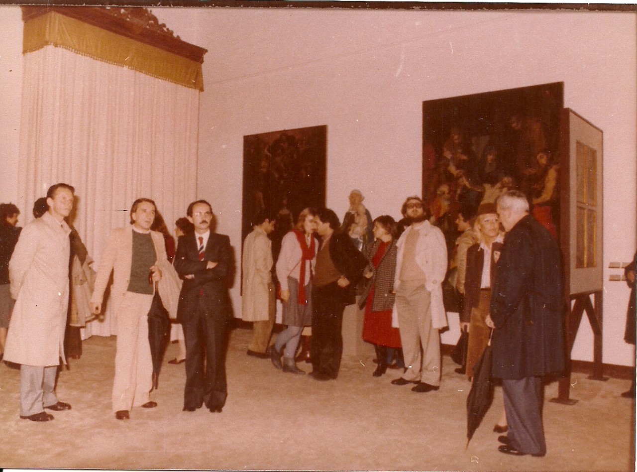 Inaugurazione della mostra 'Arte e pietà' a Palazzo Pepoli, Bologna. Andrea Emiliani fra Giovanni Losavio e Lanfranco Turci, 1980