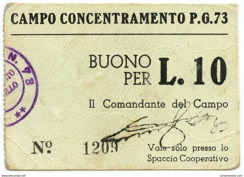 Fondazione Fossoli, Archivio, Buono da Lire 10 spendibile presso lo spaccio cooperativo del Campo di concentramento P.G. 73, 1941-1945