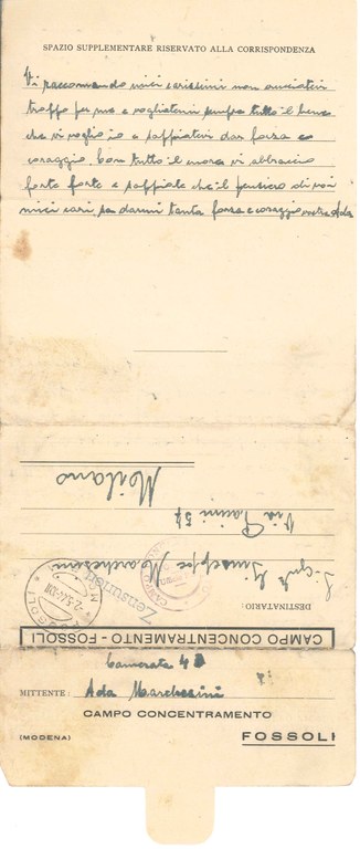 Fondazione Fossoli, Archivio, Lettera di Ada Marchesini ai famigliari (verso), 1944