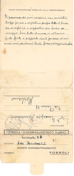 Fondazione Fossoli, Archivio, Lettera di Ada Marchesini ai famigliari (verso), 1944