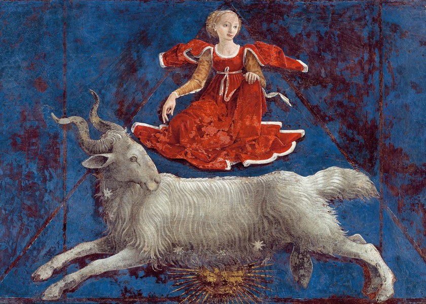 Francesco del Cossa, Segno zodiacale dell’Ariete, secondo Decano, Mese di Marzo, Salone dei Mesi, Palazzo Schifanoia, Ferrara 