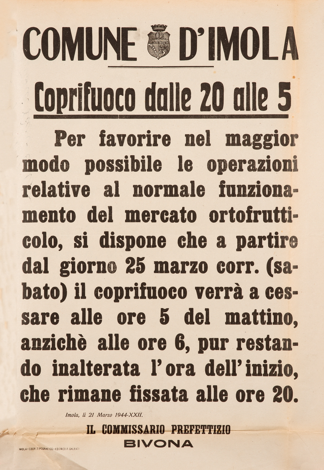 Manifesto del Comune di Imola per il coprifuoco 21 marzo 1944