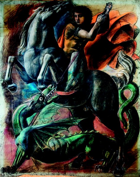 Achille Funi, San Giorgio uccide il drago, 1936 Tecnica mista su cartone, cm 225 x 180 Collezione privata