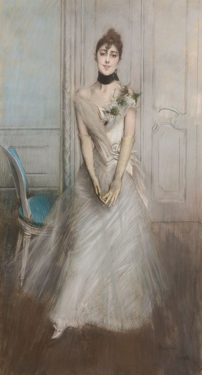 GIOVANNI BOLDINI Ritratto di Emiliana Concha de Ossa (Il pastello bianco), 1888 pastello su carta riportata su tela, 219,7 x 120 cm collezione privata