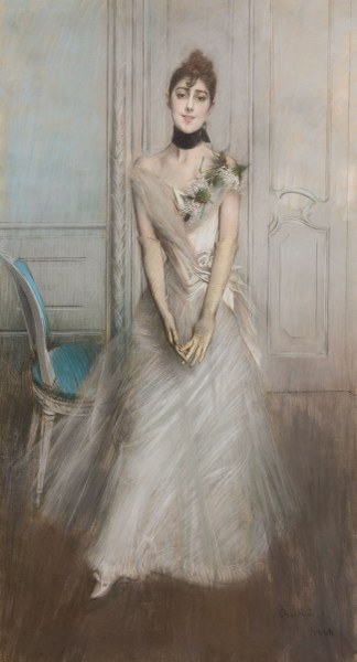 GIOVANNI BOLDINI Ritratto di Emiliana Concha de Ossa (Il pastello bianco), 1888 pastello su carta riportata su tela, 219,7 x 120 cm collezione privata