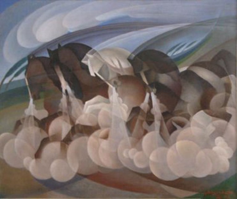 Alessandro Bruschetti, Dinamismo di cavalli 1932 olio su tavola, cm 106 x 90 collezione privata