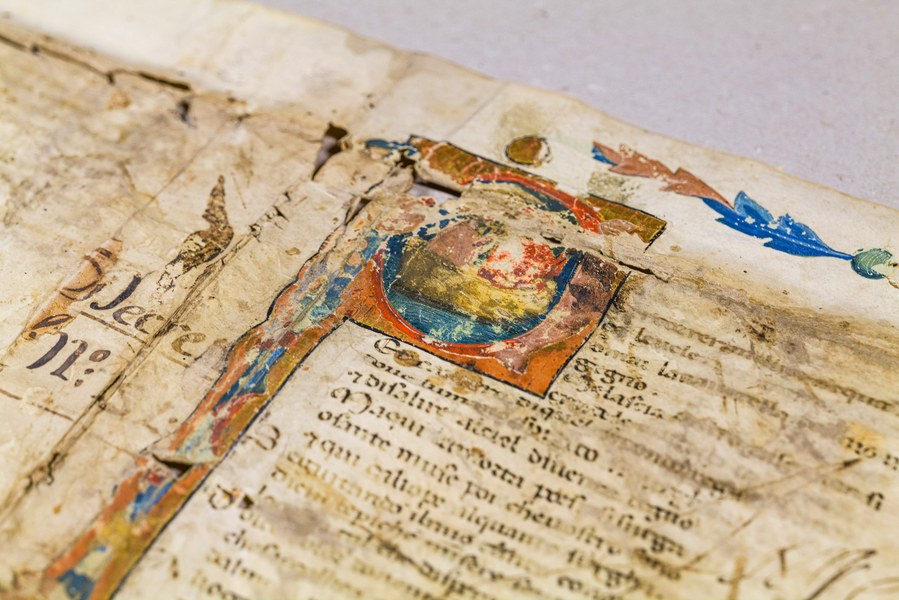 Forlì, Biblioteca Aurelio Saffi, MSS 17, frammento di codice miniato della Commedia (Firenze sec. XIV),  incipit del primo canto, dettaglio. Foto di Luca Bacciocchi