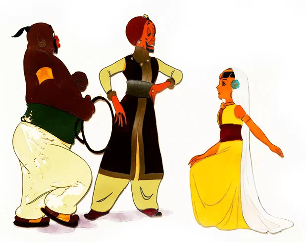 La rosa di Bagdad (1940-1948): Studio Domeneghini, La Principessa Zeila e il perfido Jafar, tempera su rodovetro, cm 30×37, 1942/1949