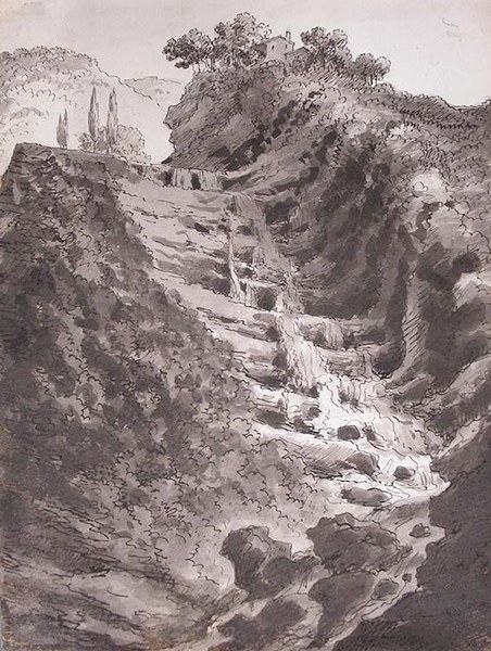 Grotte, cascate e forre:  Romolo Liverani, Veduta della cascata dell’Acqua Cheta, 1858, Forlì, Biblioteca A. Saffi, Fondo Piancastelli