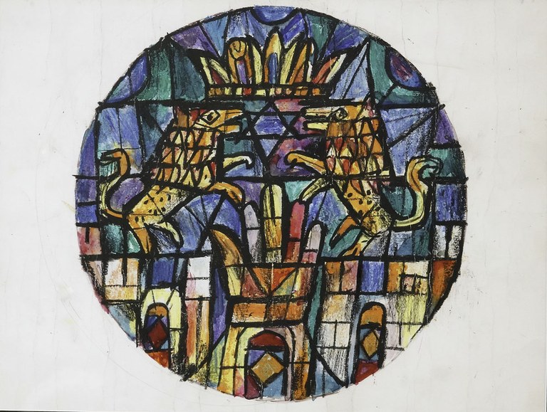 Emanuele Luzzati, Bozzetti per le vetrate della Sinagoga di Genova, raffiguranti gli emblemi delle dodici tribù di Israele e la menorah, 1959 ca., Comunità ebraica di Genova