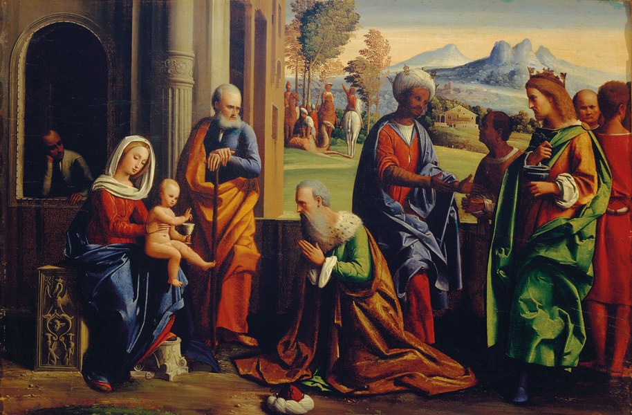 Giovanni Battista Benvenuti detto Ortolano: Adorazione dei Magi, c. 1527, Olio su tavola, cm 50,5 x 74. Mamiano di Traversetolo, Fondazione Magnani Rocca