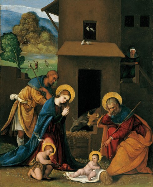 Ludovico Mazzolino: Adorazione del Bambino con san Giovannino, 1526 ?, Olio su tavola trasportato su tela, cm 40 x 32. Collezione Grimaldi Fava