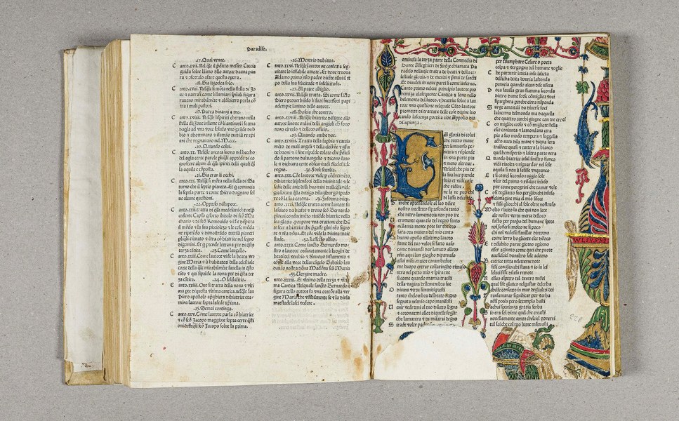 Ravenna, Biblioteca Classense, Commedia, col commento di Jacopo della Lana, (Venezia 1477), incipit del Primo Canto del Paradiso. Foto Luca Bacciocchi