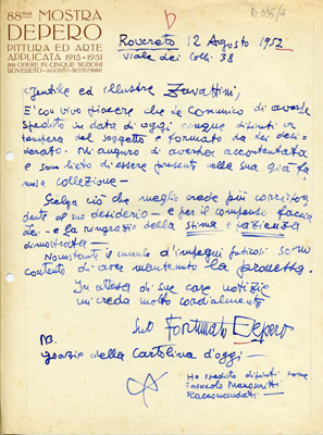 Lettera a Zavattini del pittore Fortunato Depero