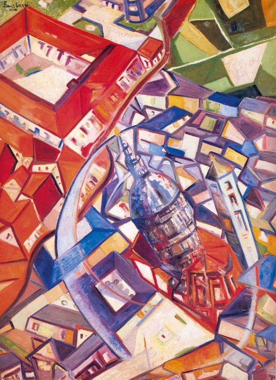 OLGA BIGLIERI (BARBARA), Aeropittura di città, olio su tela, 1939, cm. 143,5 x 108, Collezione privata
