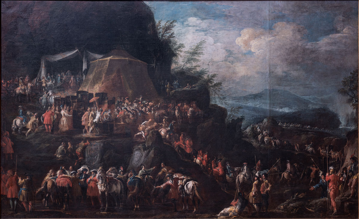 llario Giacinto Mercanti detto Spolverini, La regina Elisabetta prende congedo dal duca, dal cardinale Acquaviva e dalla corte al monte Cento Croci, 1720-1721 olio su tela, cm 250 x400 Musei Civici di Palazzo Farnese, Piacenza