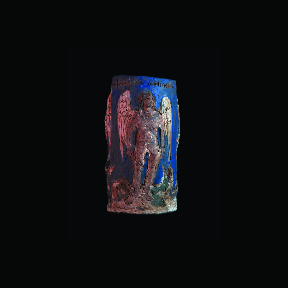 Vaso del S. Michele che protegge uomini e cose - 1990 terracotta policromata a ingobbio e graffito Ø 12 x 20 h cm © Ph G.P. Senni