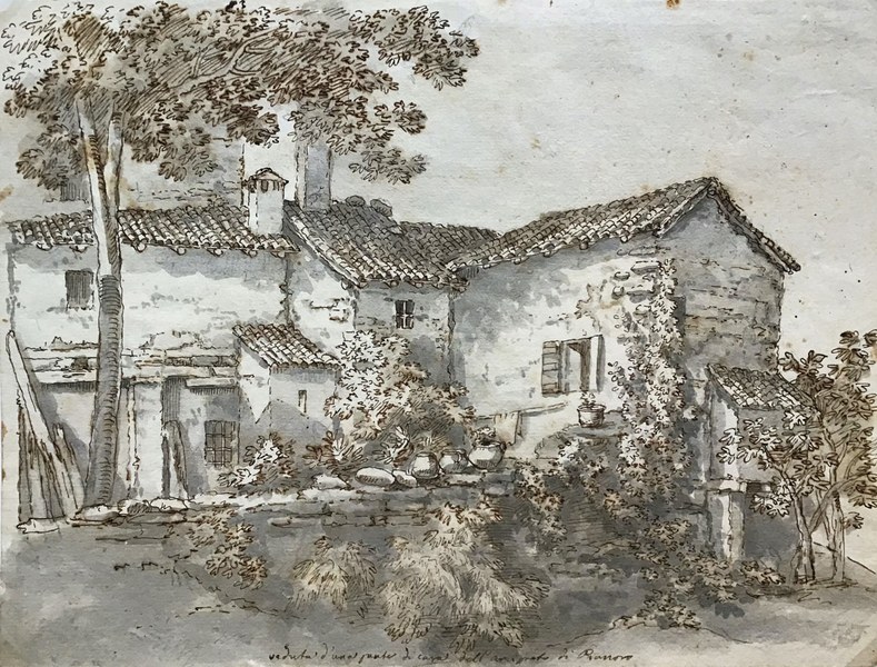 Giacomo Savini (Bologna, 1768 – ivi. 1842) Casa dell’¬arciprete di Pianoro, s.d. Penna acquerellata su carta, mm 220 x 285 In basso al centro a penna: “veduta d¬una parte di casa dell¬arciprete di Pianoro” Bologna, Opera Pia Davia Bargellini