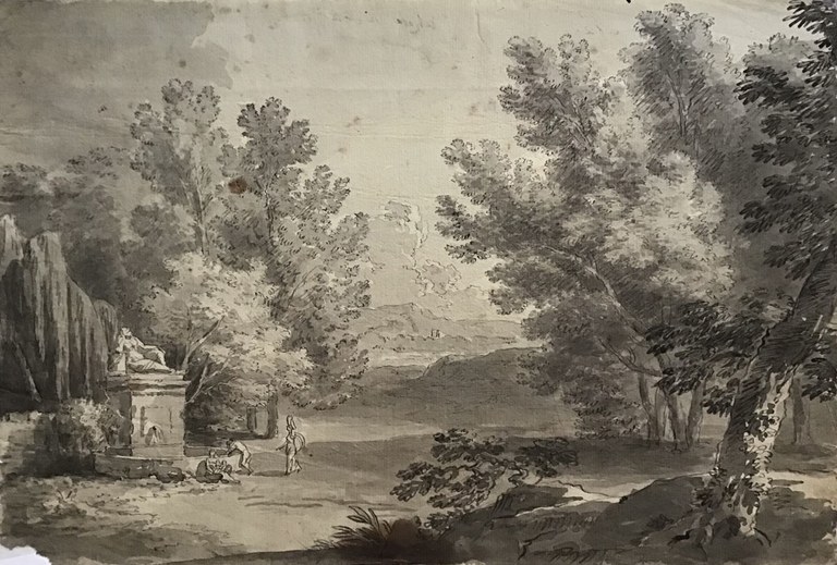 Giacomo Savini (Bologna, 1768 – ivi. 1842) Paesaggio con fontana, s.d. Penna acquerellata su carta, mm 320 x 220 Sul retro in alto al centro a penna: “alzata di Sole” Bologna, Opera Pia Davia Bargellini