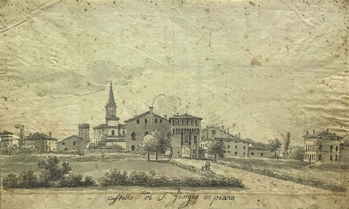 Giacomo Savini (Bologna, 1768 – ivi. 1842) San Giorgio di Piano, s.d. Penna acquerellata e matita su carta, mm 180 x 300 In basso al centro a penna: “castello di S. Giorgio in piano” Bologna, Opera Pia Davia Bargellini