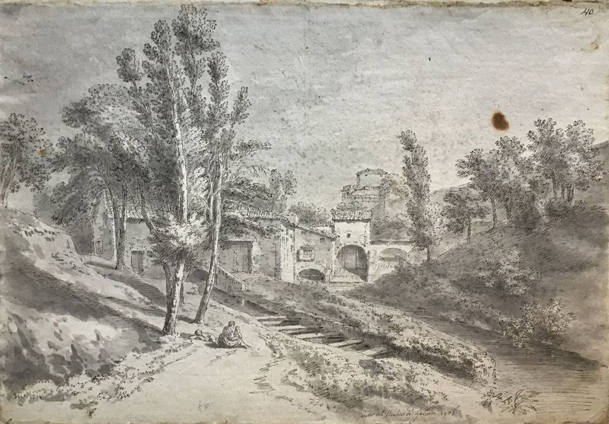 Giacomo Savini (Bologna, 1768 – ivi. 1842) Veduta del mulino di Galliera, 1806 Penna acquerellata su carta, mm 300 x 430 In basso a penna: “Veduta del Mulino di Galliera 1806” Bologna, Opera Pia Davia Bargellini