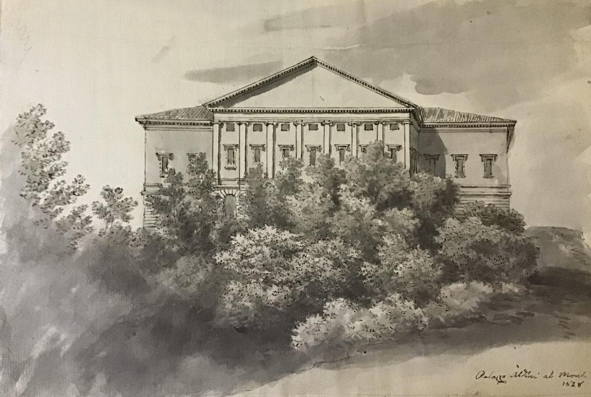 Giacomo Savini (Bologna, 1768 – ivi. 1842) Villa Aldini, 1828 Penna acquerellata su carta, mm 220 x 320 In basso a destra a penna: “Palazzo Aldini al Monte 1828” Bologna, Opera Pia Davia Bargellini