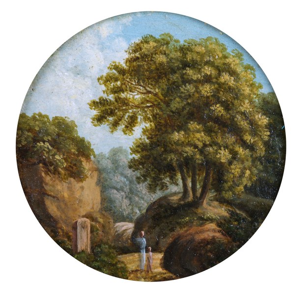 Giuseppe Davia (Bologna, 1804 – ivi, 1874) Paesaggio boschivo con due figure che sono davanti ad un cippo Olio su zinco Bologna, Museo Davia Bargellini