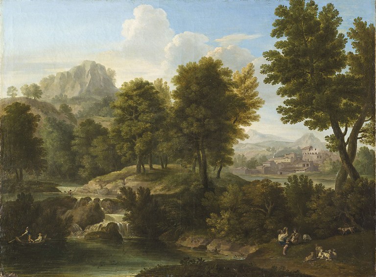 Giacomo Savini (Bologna, 1768 – ivi. 1842) Paesaggio animato, s.d. Olio su tela, cm 82,5 x 113 Bologna, Galleria de' Fusari