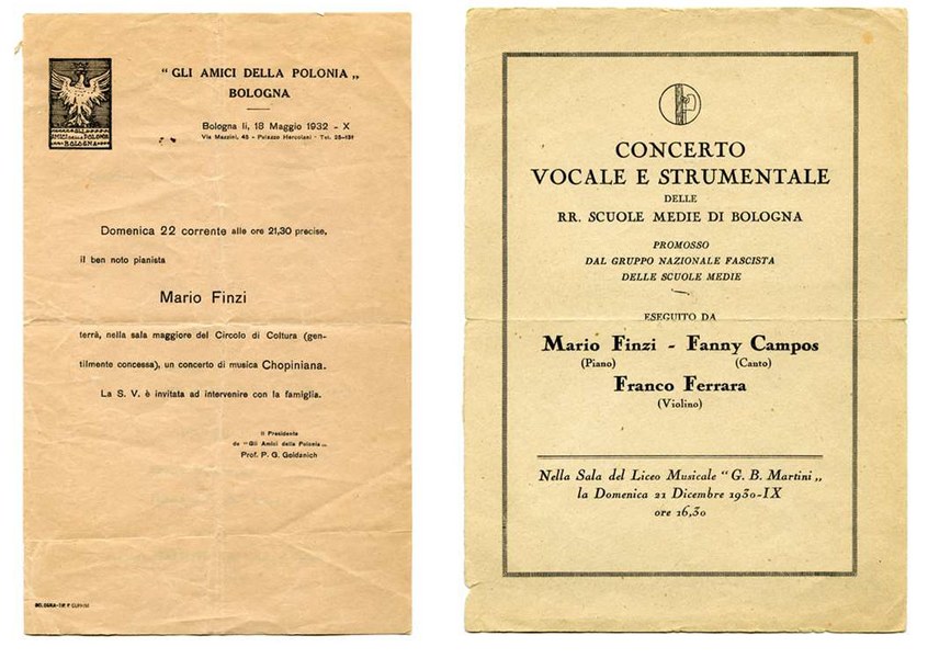 Locandine, programmi e inviti dei concerti pianistici di Mario Finzi negli anni 1929 - 1933