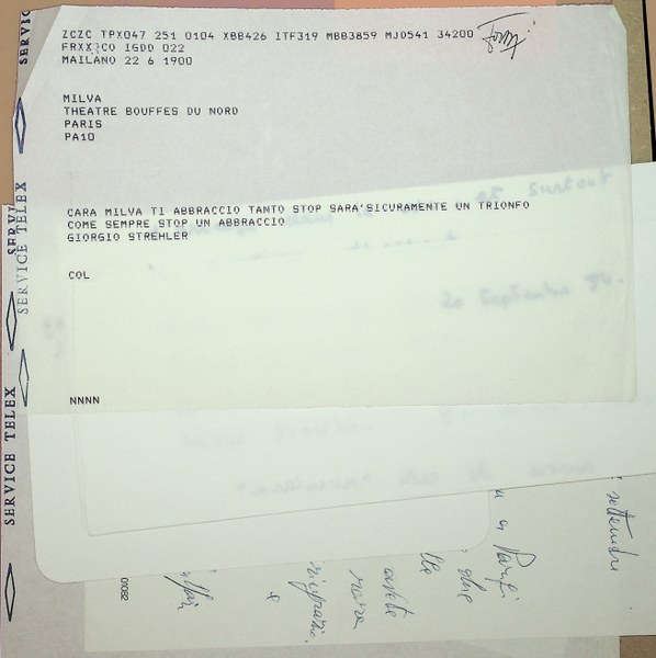 Dall'Archivio Milva:  telegramma di Giorgio Strehler a Milva in occasione del concerto con Astor Piazzolla a Parigi, 1984 (foto Biblioteca delle Arti, Università di Bologna)