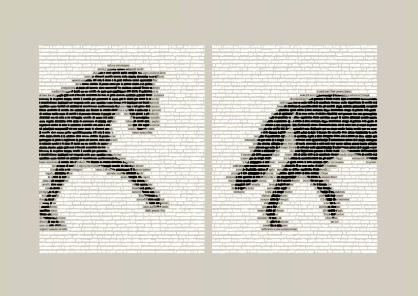 Emilio Isgrò, Sillogismo del cavallo, 2023, Acrilico su tela a stampa montata su legno, Opera costituita da 2 elementi, Ogni elemento 200x160 cm, Collezione privata