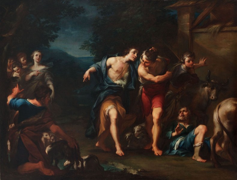 Giuseppe Marchesi detto Sansone (Bologna, 1699-1771) Mosè e le figlie di Jethro, 1720-1725 Olio su tela  Bologna, collezione privata