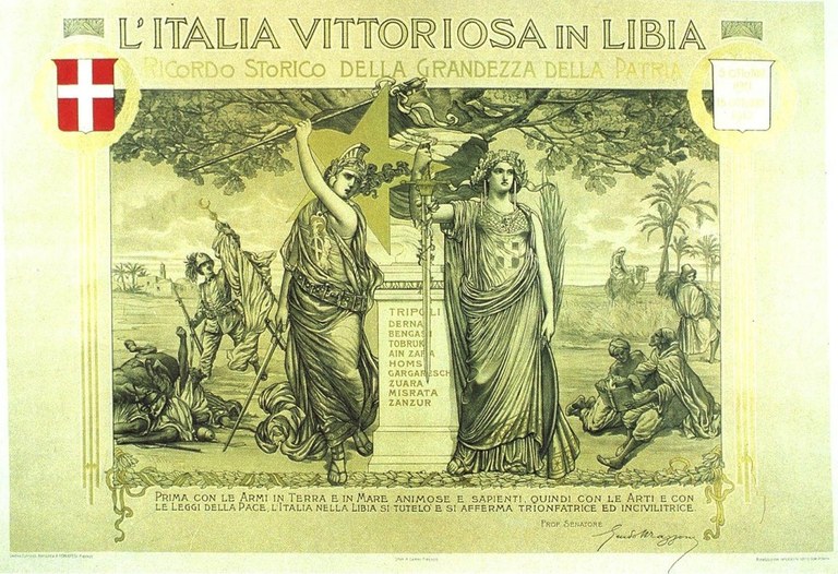 V. Faini, “L’Italia vittoriosa in Libia”, litografia, 1912 circa - Museo civico del Risorgimento, Bologna. © Museo civico del Risorgimento, Bologna | Certosa