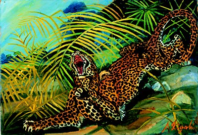 Ligabue: Leopardo e vedova nera, 1954-55, olio su faesite, 65,5x95