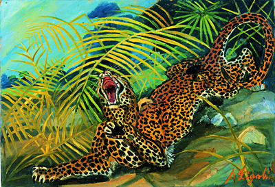 Ligabue: Leopardo e vedova nera, 1954-55, olio su faesite, 65,5x95