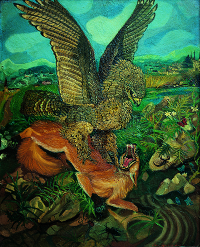 Ligabue: Aquila che assale volpe, 1941, olio su tavola di legno, 85,5x69,5