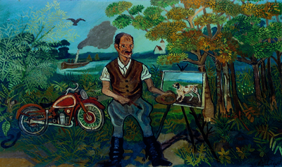 Ligabue: Autoritratto con moto, cavalletto e paesaggio, 1953, olio su faesite, 63,8x104