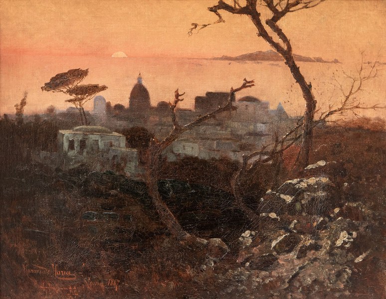 Mario De Maria, Veduta di Capri con tramonto, 1887, olio su tela, 43x55 cm