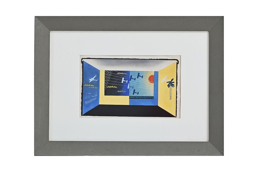 Bruno Munari, Interno di sala con aerei, 1933, acquerello, tempera, grafite, aerografo su carta