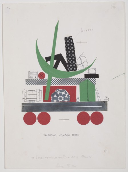Bruno Munari, Studio per il pianeta degli alberi di Natale (Rodari). Va bene compro tutto, (1962), matita, penna a sfera e collage su carta. CSAC, Parma