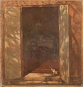 Augusto Majani, La soglia di casa, s.d., olio su cartone, 51 x 47 cm.