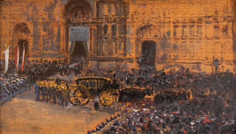 Augusto Sezanne, Funerale di Francesco Rizzoli, 29 maggio 1880, olio su tavola, 12 x 22 cm.