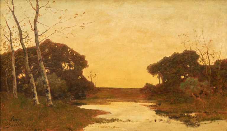 Luigi Bertelli, Alba in pineta, 1906, olio su tela, 86 x 142 cm.
