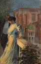Marcello Dudovich, Autoritratto con Elisa Bucchi in Piazza San Domenico, 1899-1901, olio su tela applicata su compensato, 55,5 x 36 cm
