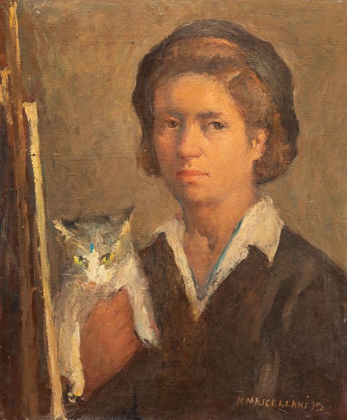 Autoritratto con il gatto, 1950, olio su tela, 56 x 45 cm 