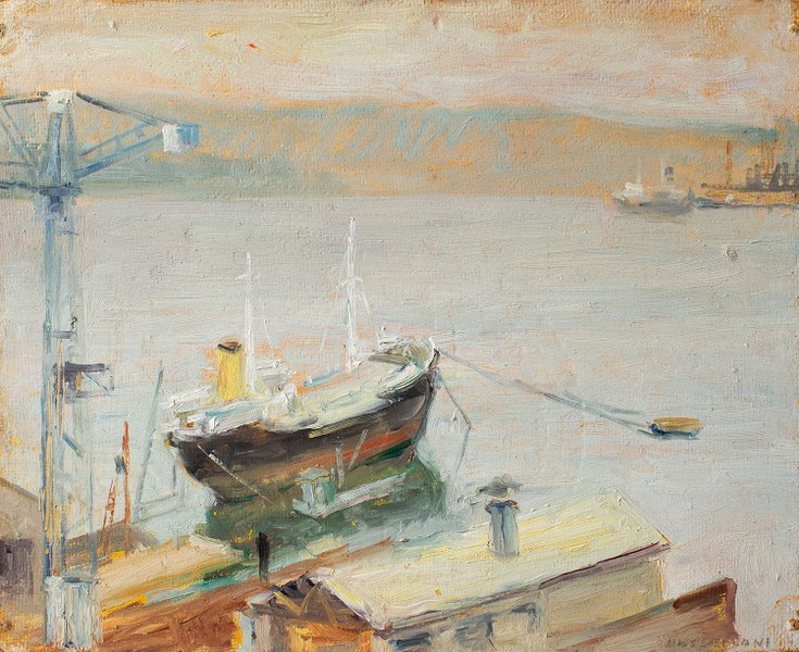 Muggia, Piccolo Cantiere, 1955 ca., olio su tavola, 28 x 34 cm 
