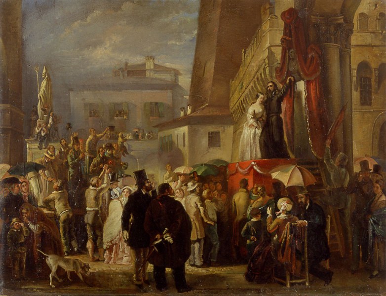 Gaetano Belvederi (Bologna, 1821 - ivi, 1872) Ugo Bassi presso la Colonna Pia, 1850 ca.  Olio su tela, cm 59 x 77 Bologna, Museo civico del Risorgimento