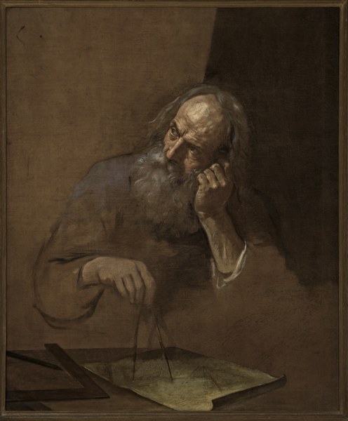 Simone Cantarini (Pesaro 1612 - Verona 1648) Filosofo con compasso (Euclide?) olio su tela